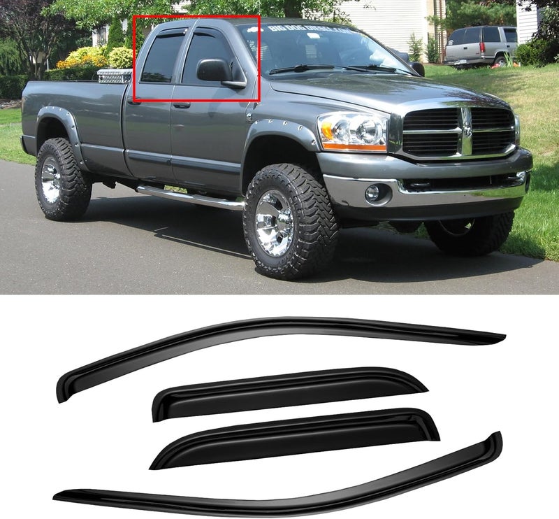 CMVT Auto Window Visor for 2002-2008 Dodge Ram 1500 Quad Cab/Extended Cab/ 03-09 Dodge Ram 2500 3500, Out-Channel Rain Guards Shields Vent Deflector Shade Wind Dark Smoke,Outside-Mount, 4PCS - Image 1